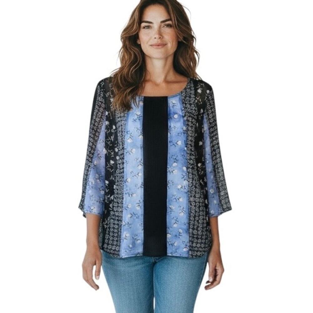 Style & Co Womens Peasant Top M Blue & Black Floral Mix Print Bell Sleeve Sheer